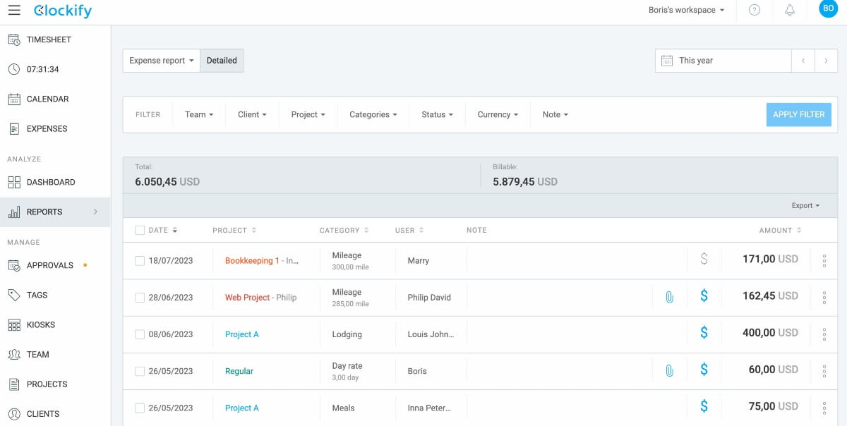 Clockify Expense Report