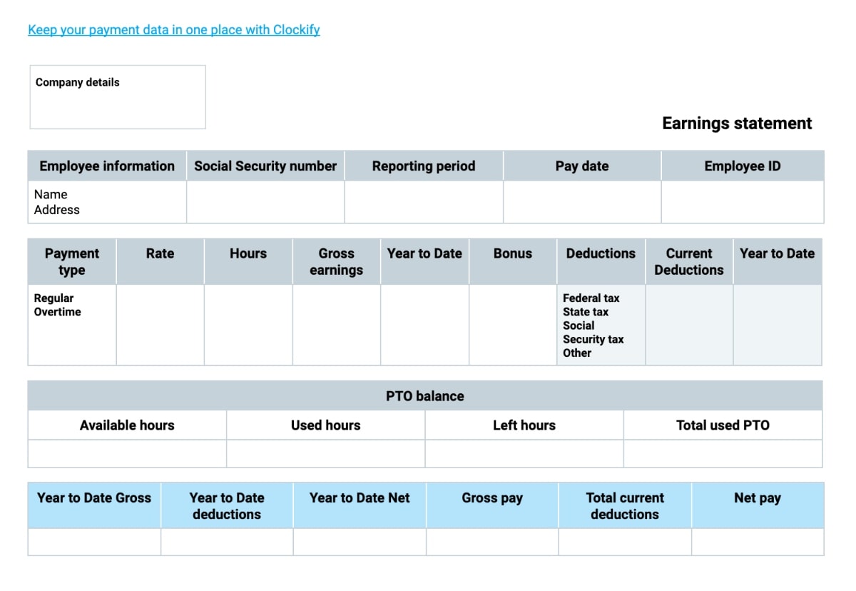 Pay stub Template with PTO and overtime