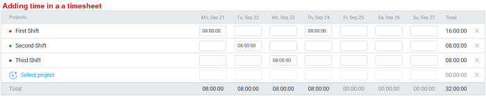 Adding time in a timesheet