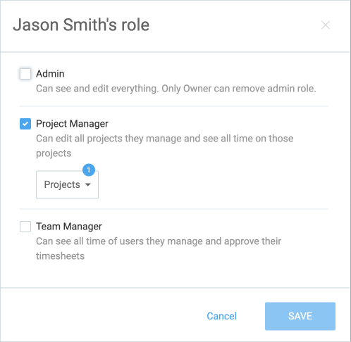 Assigning a team member a Project Manager role. Other roles available are Admin and Team Manager.
