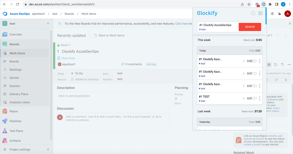 Suivi du temps de travail dans Azure DevOps - le minuteur commence dans Chrome