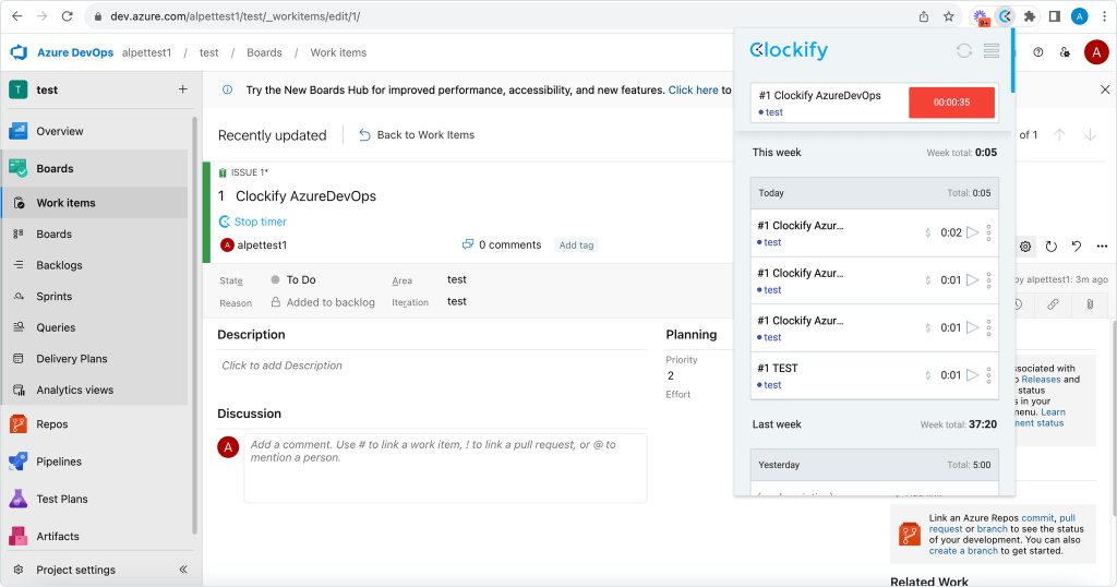 Integración de control del tiempo Azure DevOps, captura de pantalla