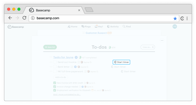 Basecamp time tracking - timer appears in Basecamp to-dos