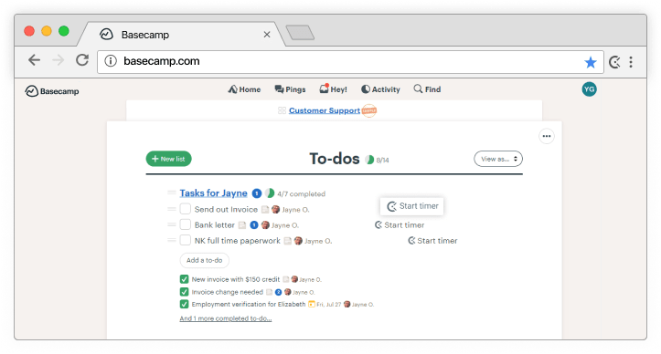 Captura de tela da integração de rastreamento de tempo do Basecamp