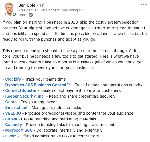 Ben Cole linkedin post