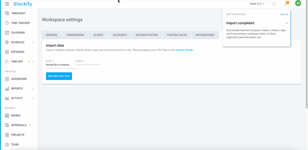 Clockify notifying that an import is completed.