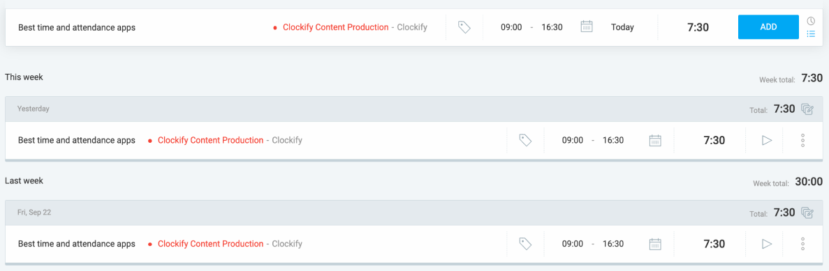 Clockify timesheet