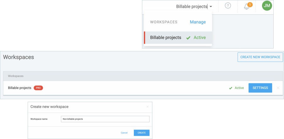 Adding another workspace to the Clockify account to separate billable and non-billable projects.
