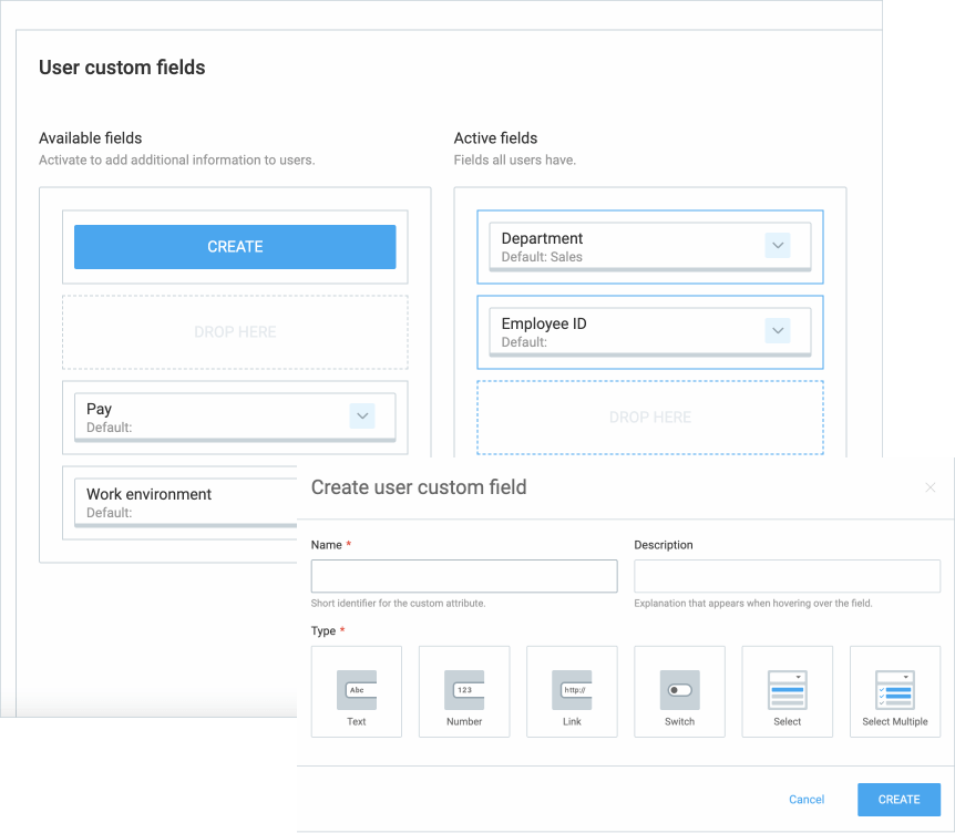 Custom user fields, e.g. employee ID, and department.