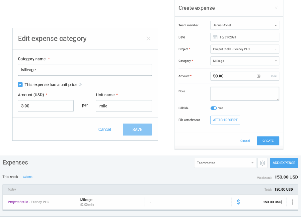 Creating expense categories in Clockify and adding a new expense.