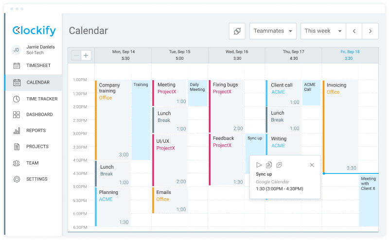 Captura de tela da integração de rastreamento de tempo do Google Agenda