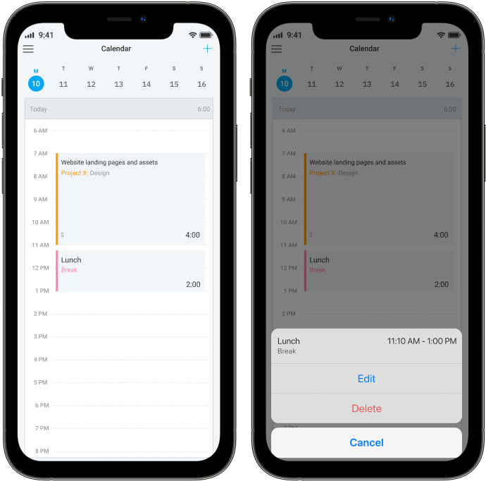 Capture d'écran du calendrier de l'appli Android de suivi du temps