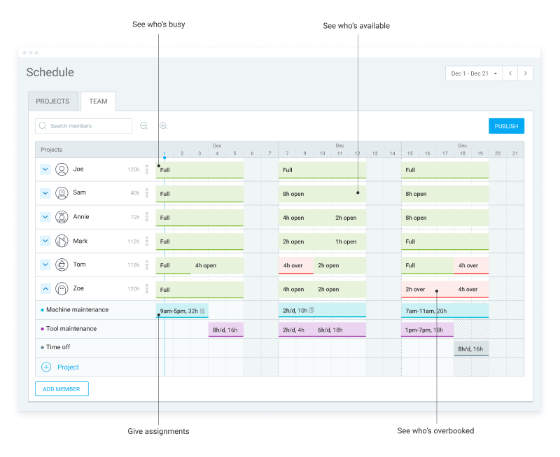 Team scheduling feature in Clockify (screenshot)