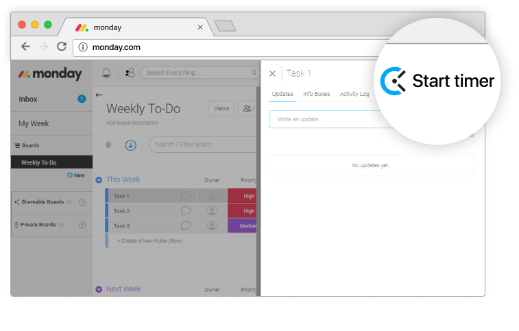 Integración de control del tiempo para Monday, captura de pantalla