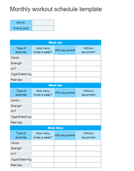 Monthly Workout Schedule