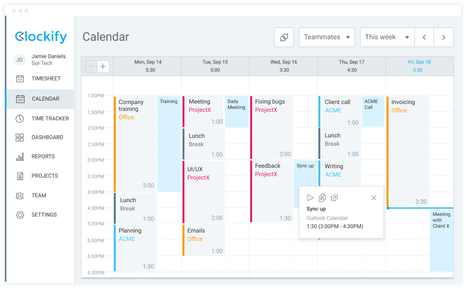 Capture d'écran de l'intégration du suivi du temps dans Outlook