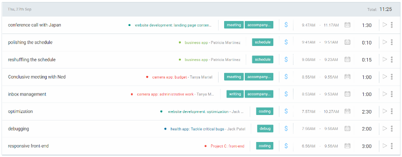 overview of a Clockify Web account list of time entries