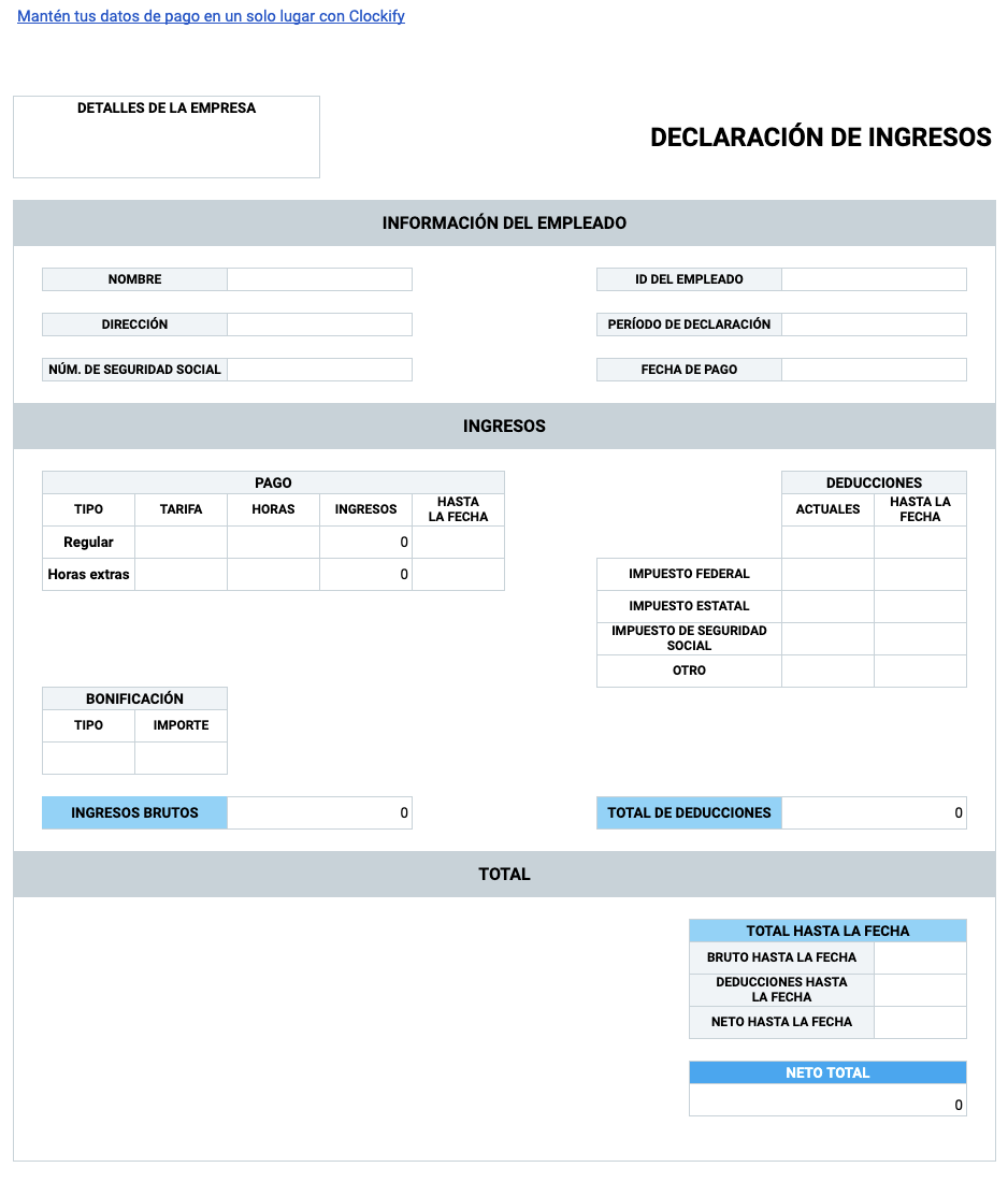 Plantilla de recibo de sueldo con horas extras y calculadora