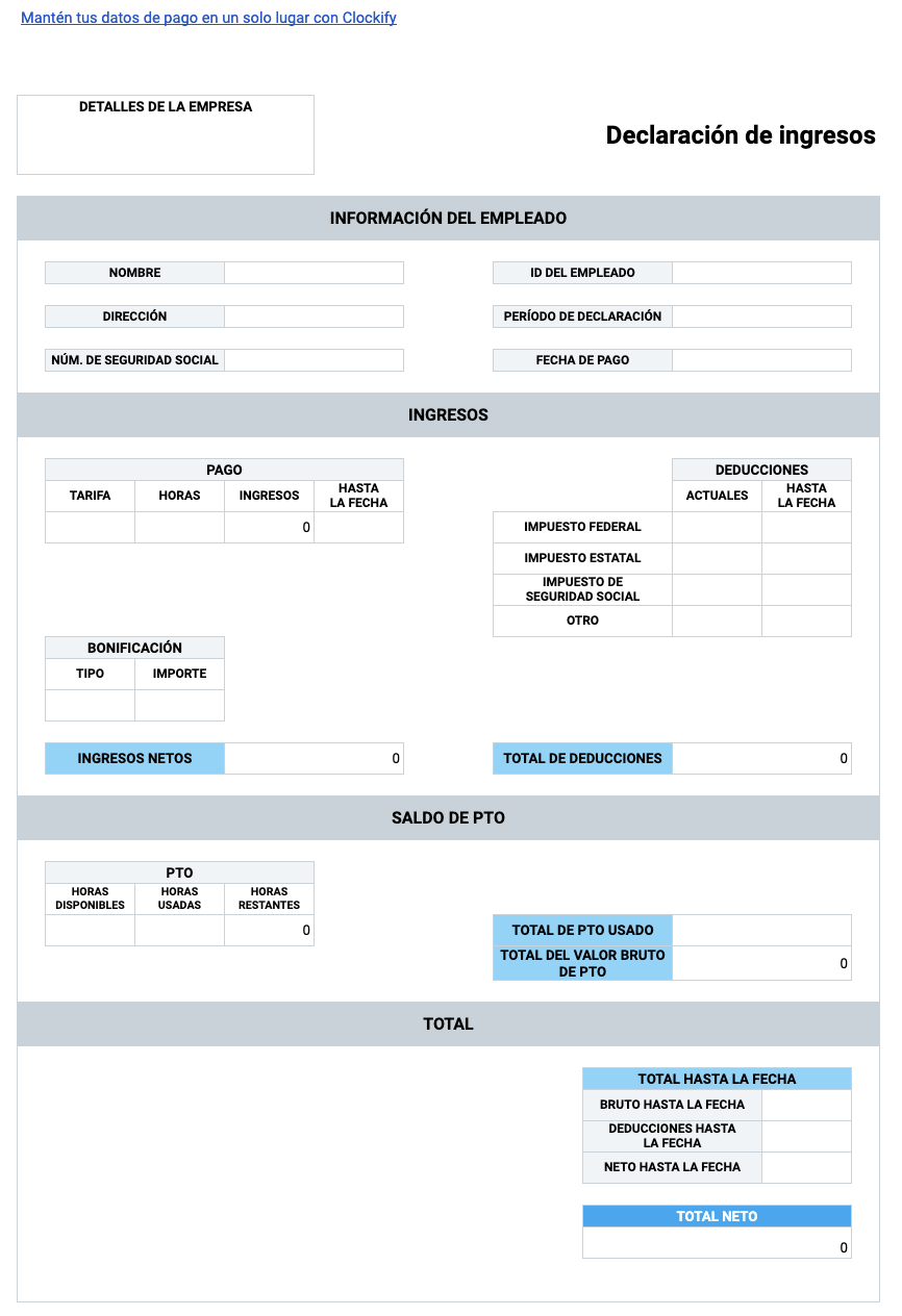 Plantilla de recibo de sueldo con PTO and calucator