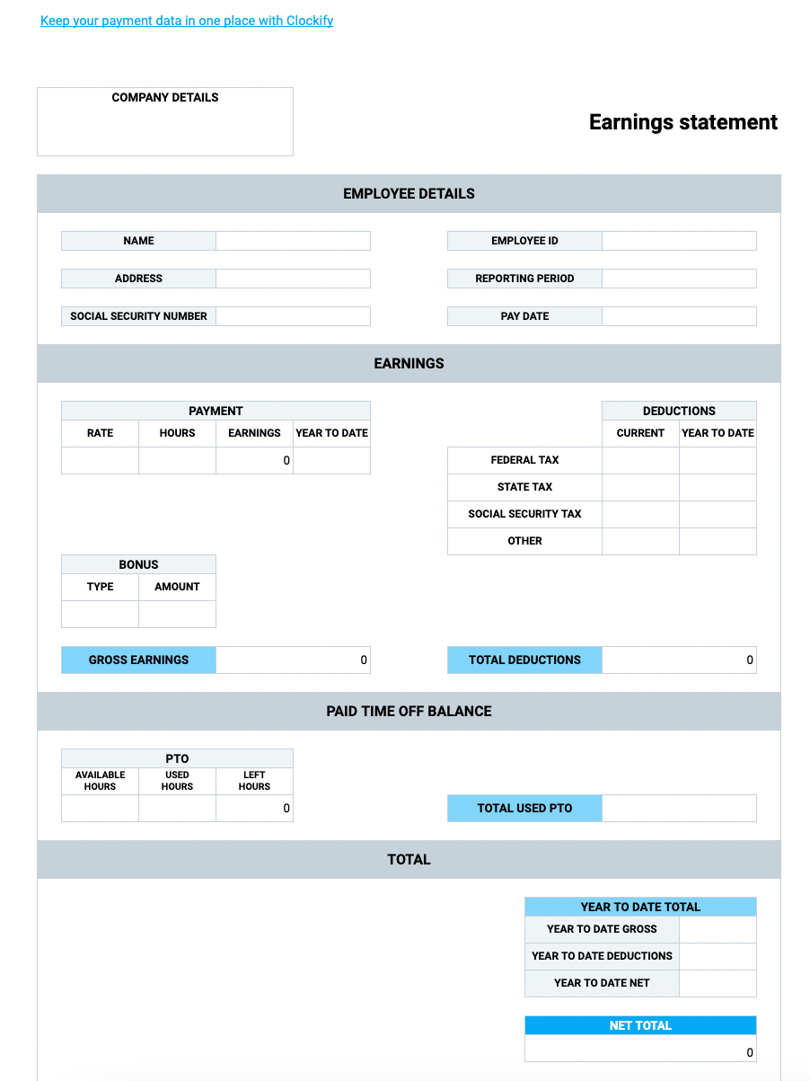 Pay stub Template with PTO and calucator