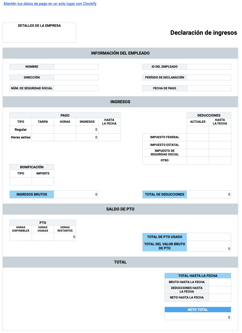 Plantilla de recibo de sueldo con PTO y horas extras + calculadora