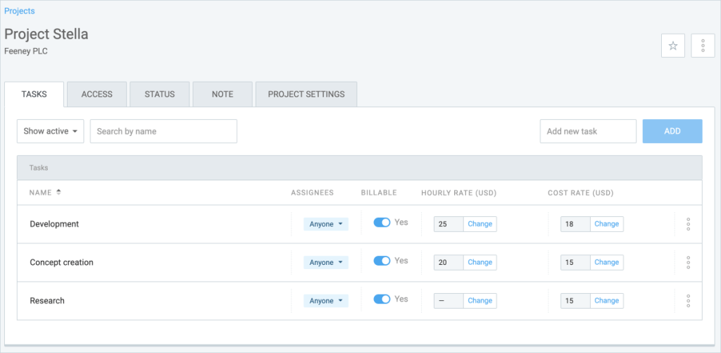 A list of tasks for a project, with billability status, billable and cost rates, and assignee information.