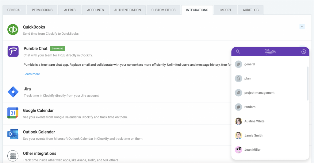 Clockify integrated with a free team chat app - Pumble.