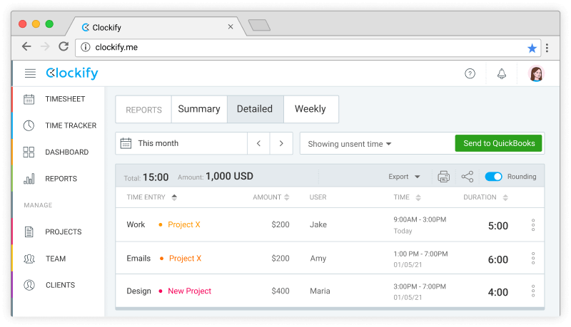 Captura de tela da integração de rastreamento de tempo do QuickBooks