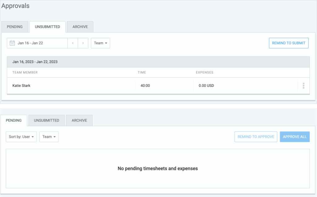 Reminder to users to submit their timesheets, and to team managers to approve the pending ones.