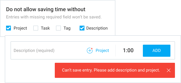 Required fields example in Clockify.