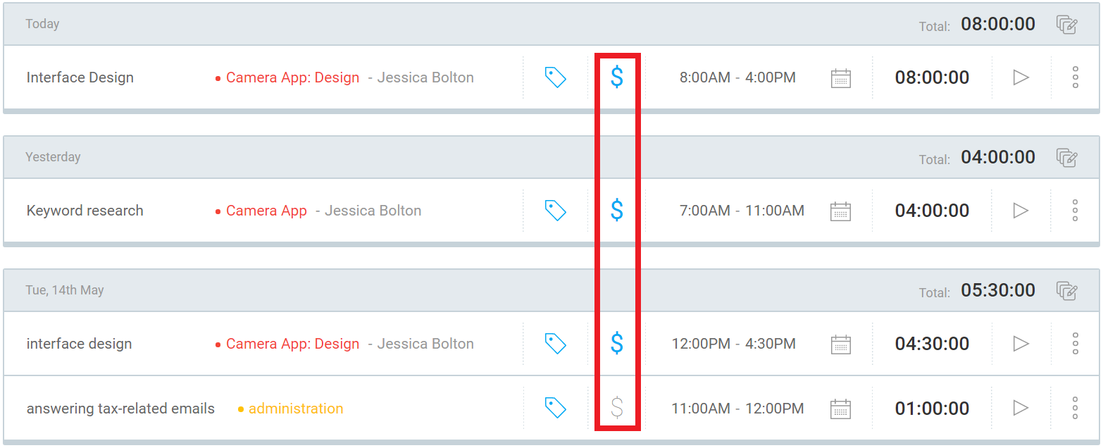 Billable and non-billable time entries Clockify