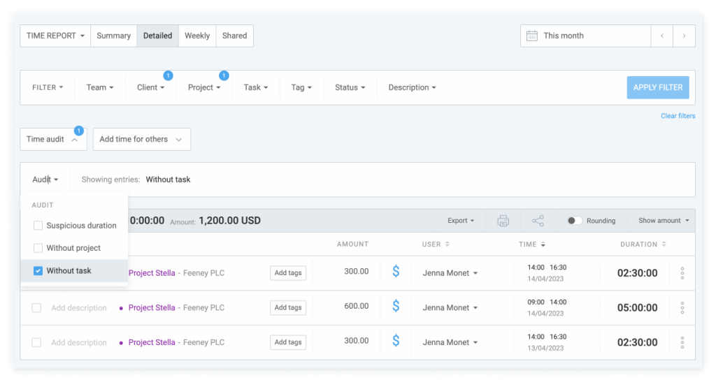Time audit feature showing entries without a task.