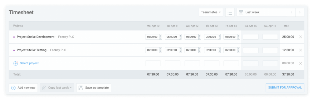 Timesheet for the Stella project.