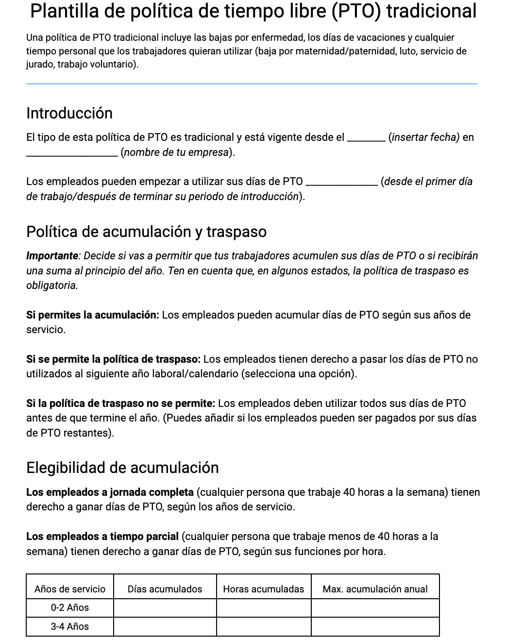 Plantilla de política de PTO tradicional