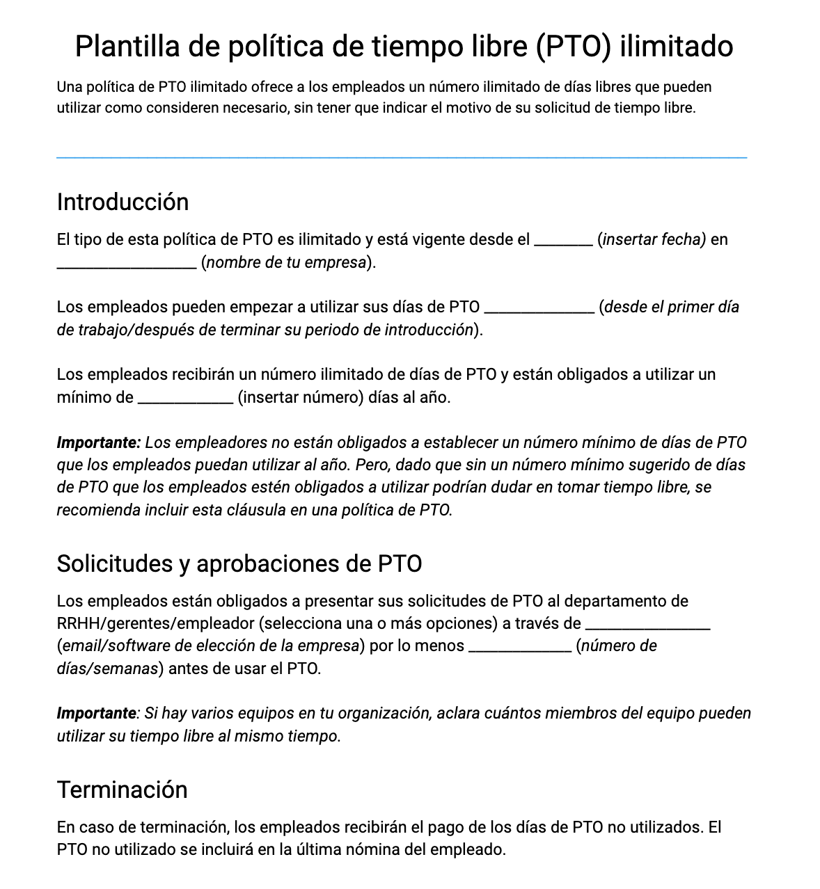 Plantilla de política de PTO ilimitado