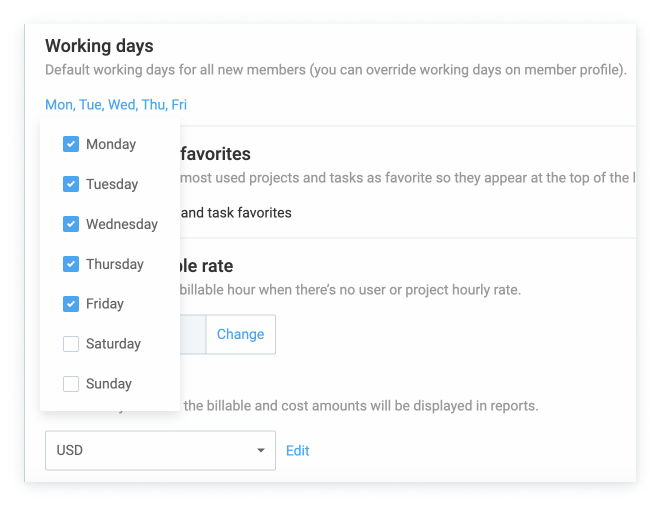 Determine working days in Clockify